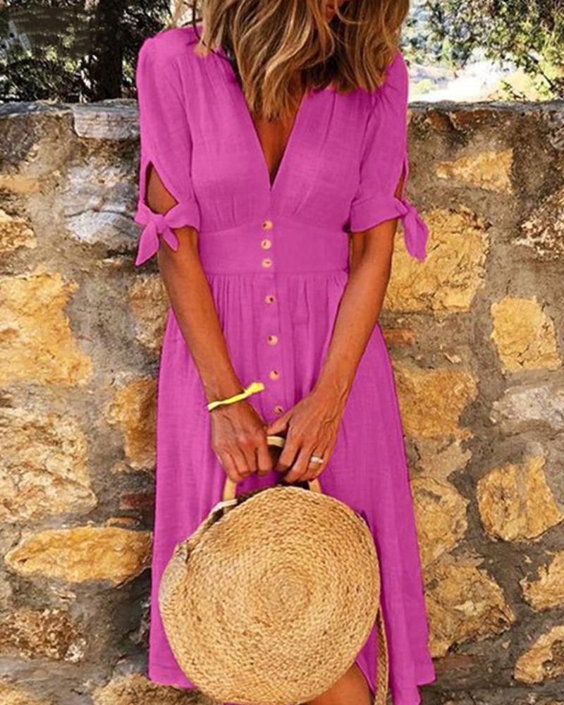 

Cutout Gathered Waist Short Sleeve Buttoned Dress, Hot pink