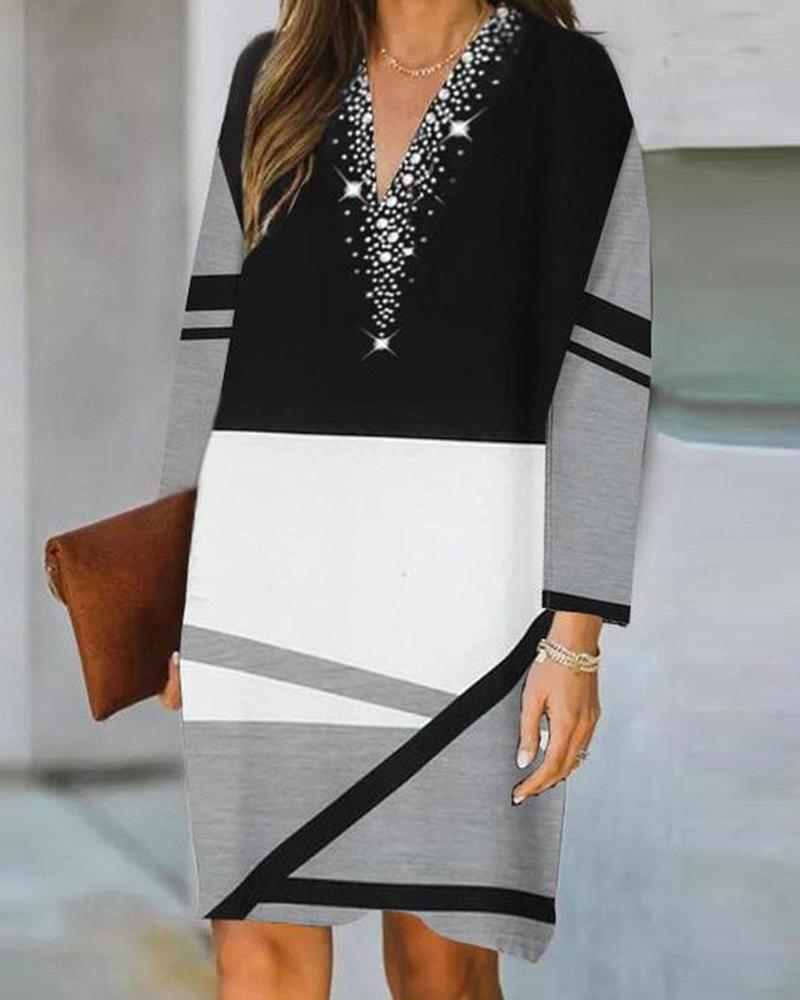 

Geometric Print Long Sleeve Casual Dress, Black