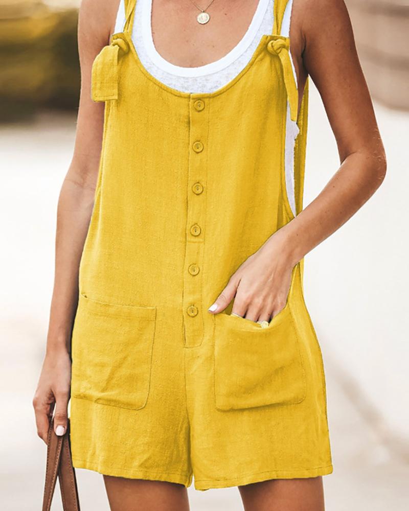 

Solid Button Up Suspender Romper, Yellow