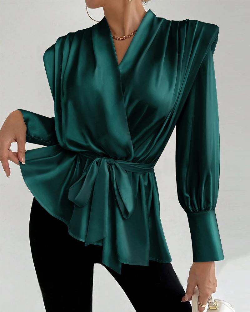 

V-Neck Long Sleeve Ruched Tied Detail Blouse Top With Shoulder Pad, Green