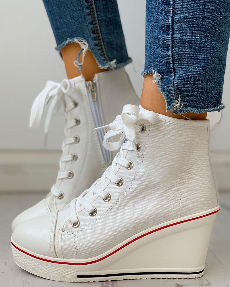 

Eyelet Lace-Up Platform Wedge Sneakers, White