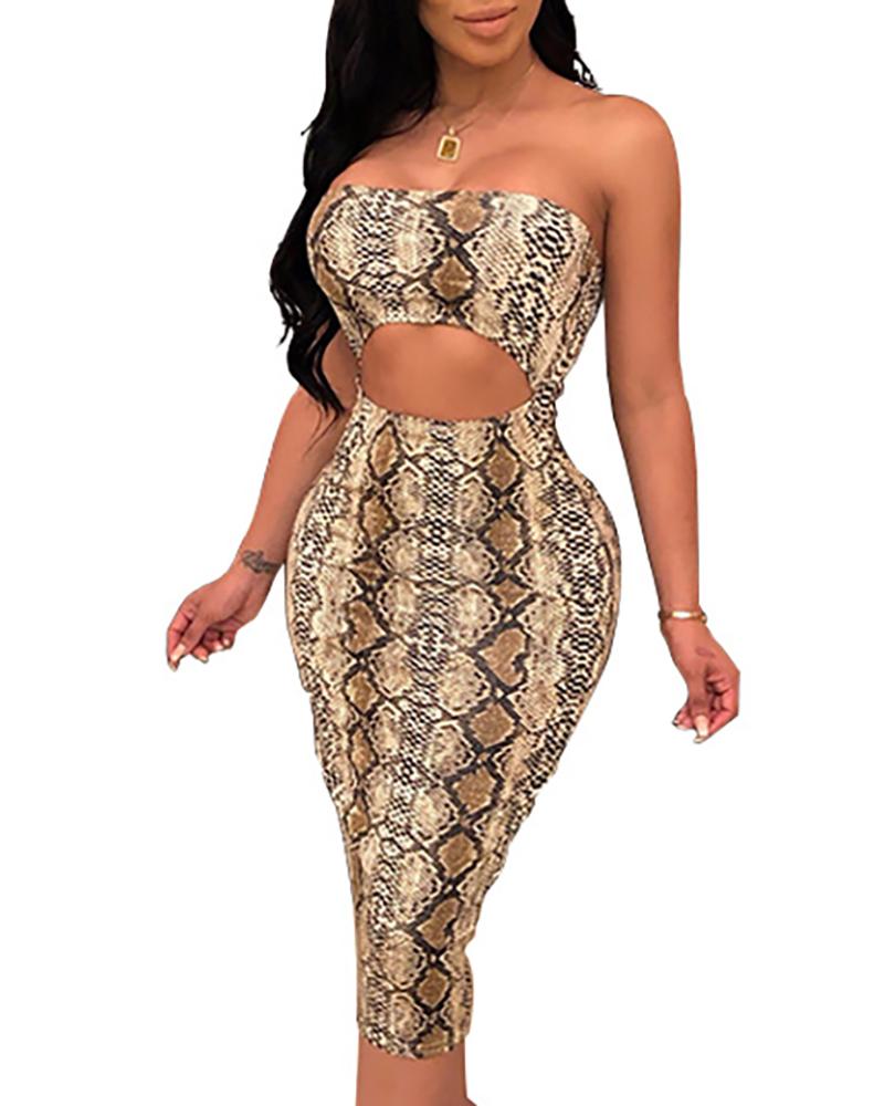 

Snakeskin Print Cutout Tube Dress, Brown