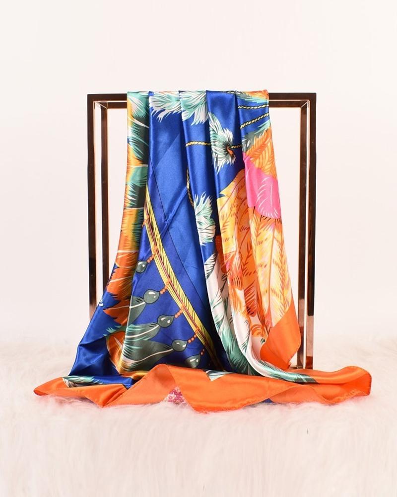 

Vintage Plants Print Satin Square Scarf Headband, Orange