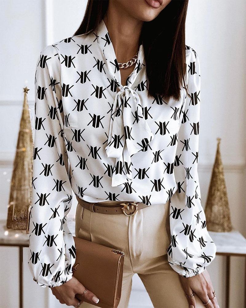 

Geo Print Tie Neck Lantern Sleeve Top, White