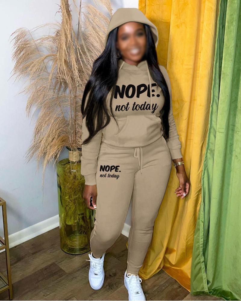 

Letter Print Long Sleeve Drawstring Hoodie & Pants Set, Khaki