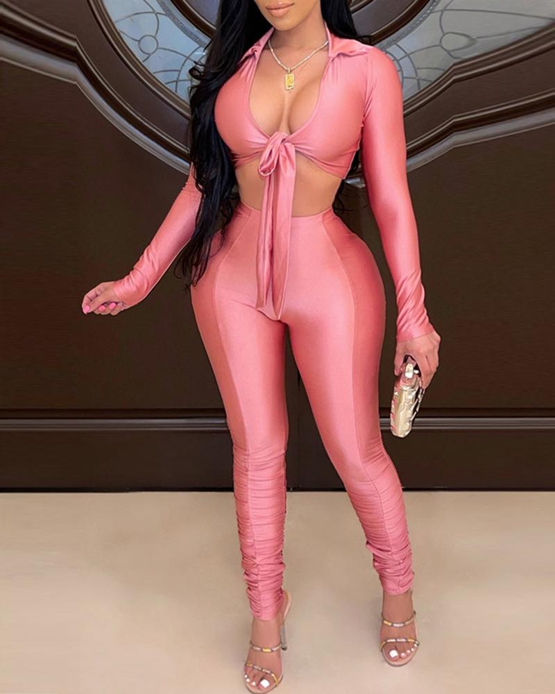 

Long Sleeve Knotted Front Top & High Waist Pants Set, Pink