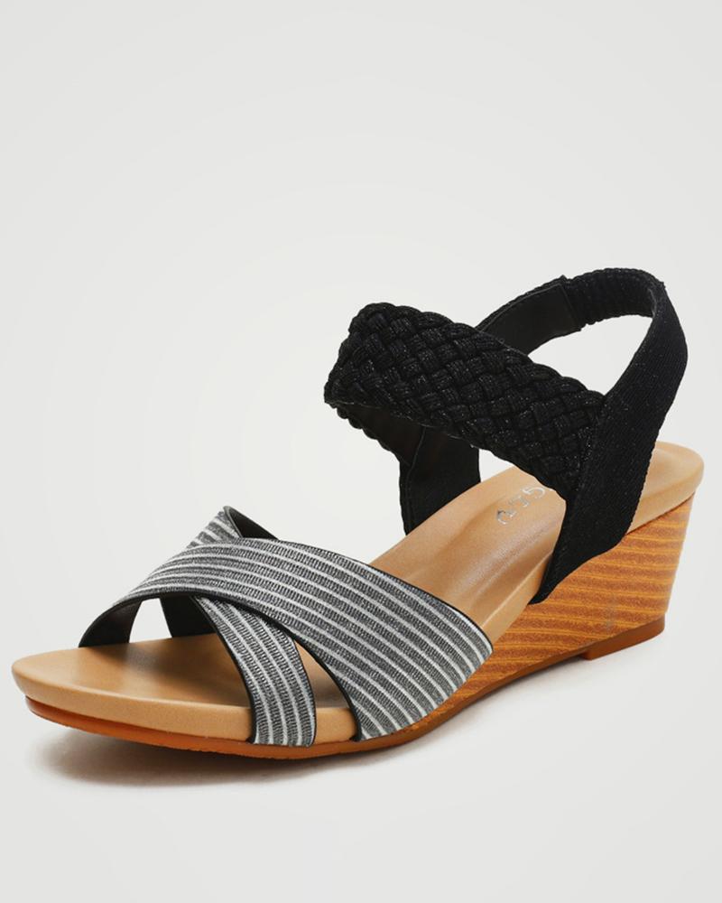 

Solid Woven Banded Patch Open-toe Wedge Shoes, Black