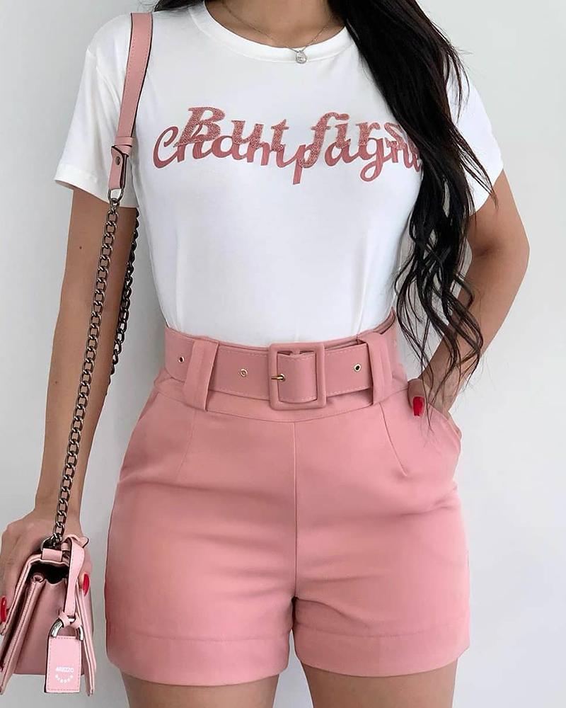 

Letter Print Top & Pocket Design Shorts Set, Pink