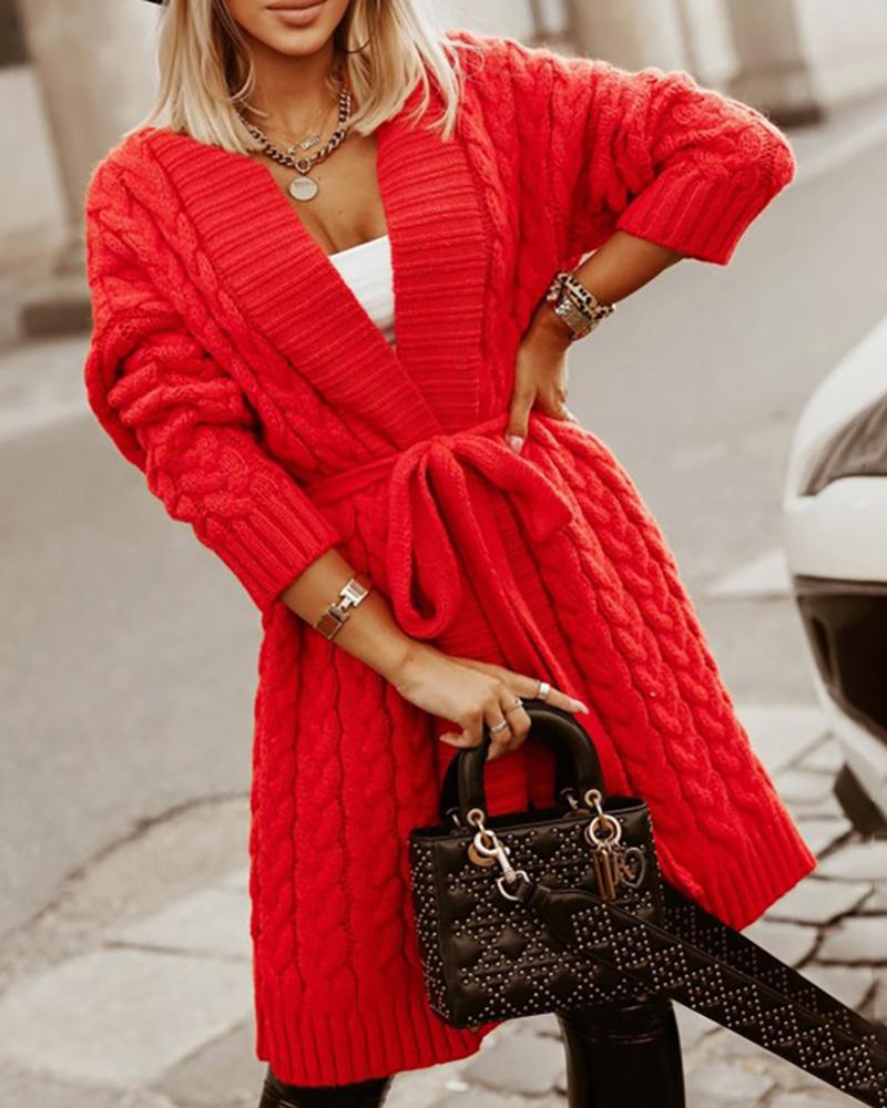 

Knit Long Sleeve Open Front Braided Cardigan With Belt, Red