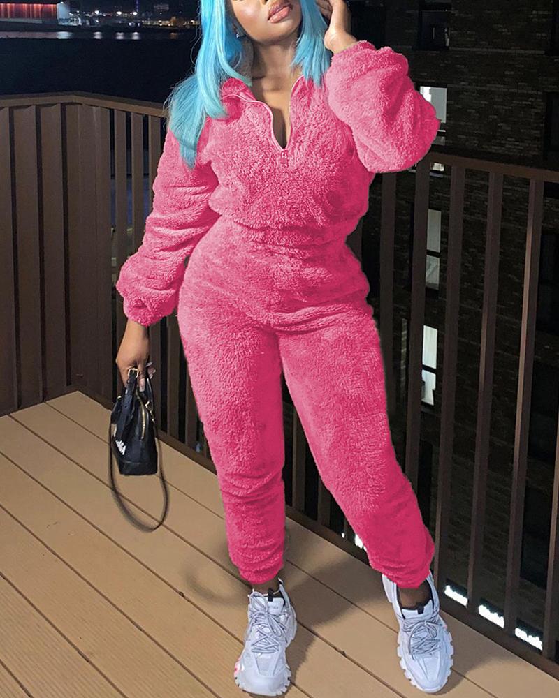 

Long Sleeve Zipper Design Fluffy Top & High Waist Pants Set, Pink