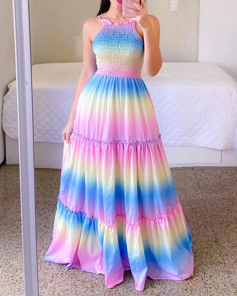 

Ombre Shirred Frill Hem Maxi Dress, Multicolor