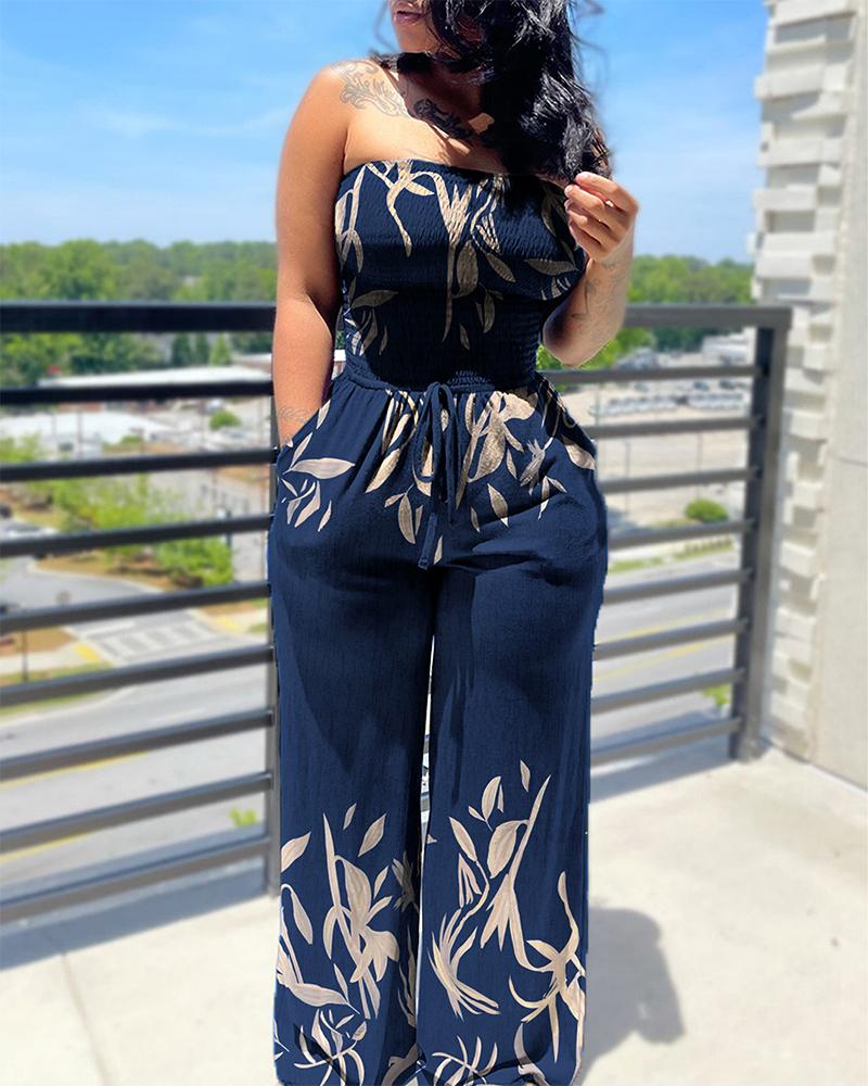 

Leaf Print Drawstring Shirred Wide Leg Jumpsuit, Purplish blue