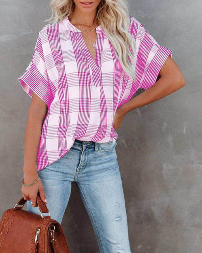 

Plaid Print V-Cut Short Sleeve Chiffon Top, Pink