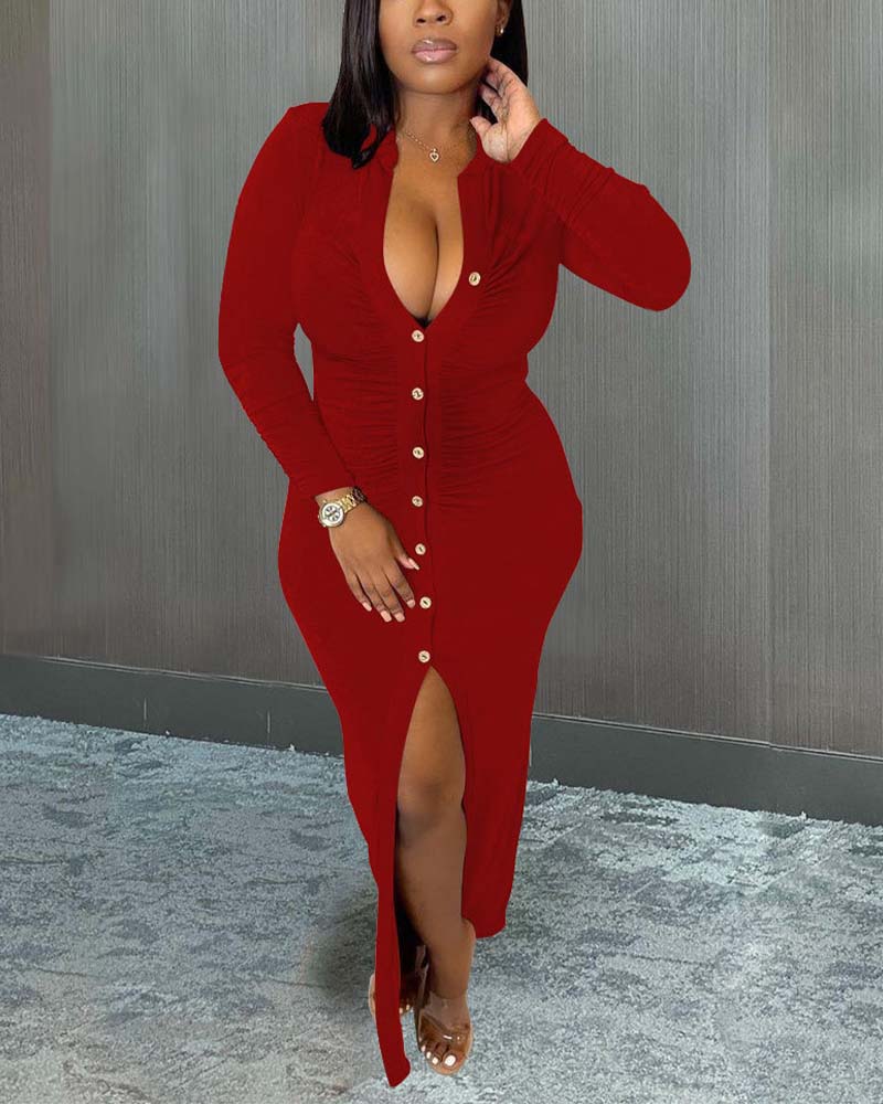 

Long Sleeve Button Front Ruched Maxi Shirt Dress, Wine red