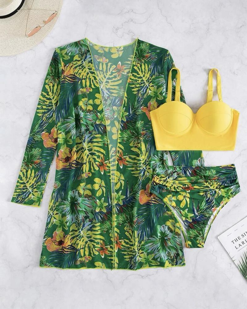 

3PCS Tropical Print High Waist Bikini Set With Cover Up, Yellow