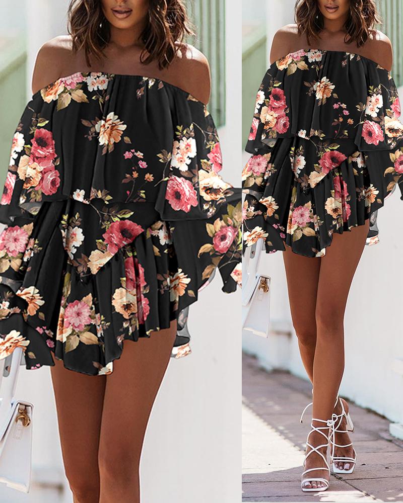 

Off Shoulder Bell Sleeve Ruffle Hem Floral Print Dress, Black