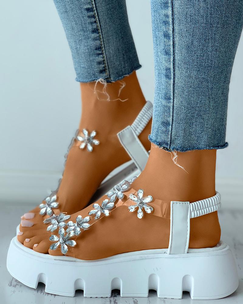 

Floral Rhinestone Clear Perspex Flatform Sandals, White