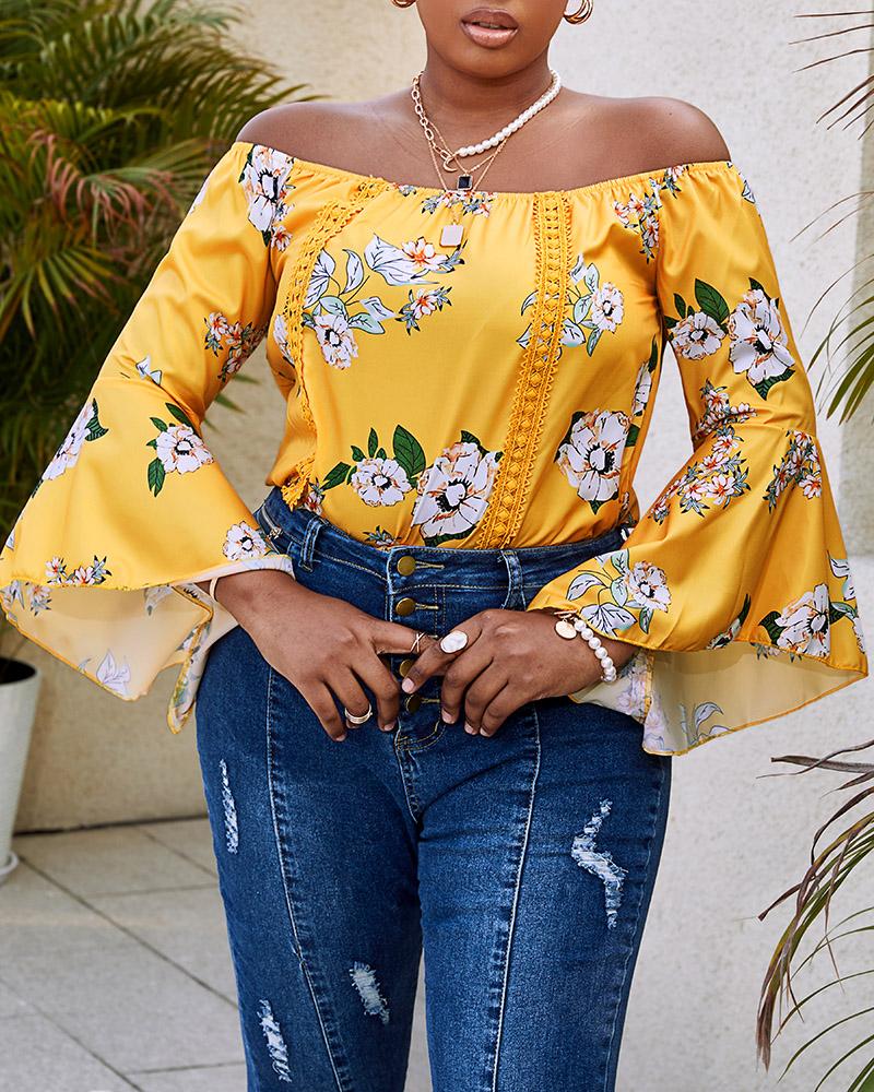 

Floral Print Bell Sleeve Off Shoulder Top, Yellow