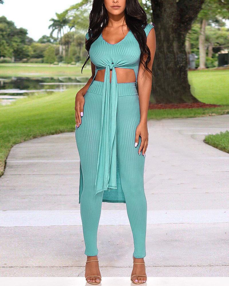 

Solid Sleeveless Knotted Front Top & Pant Sets, Green
