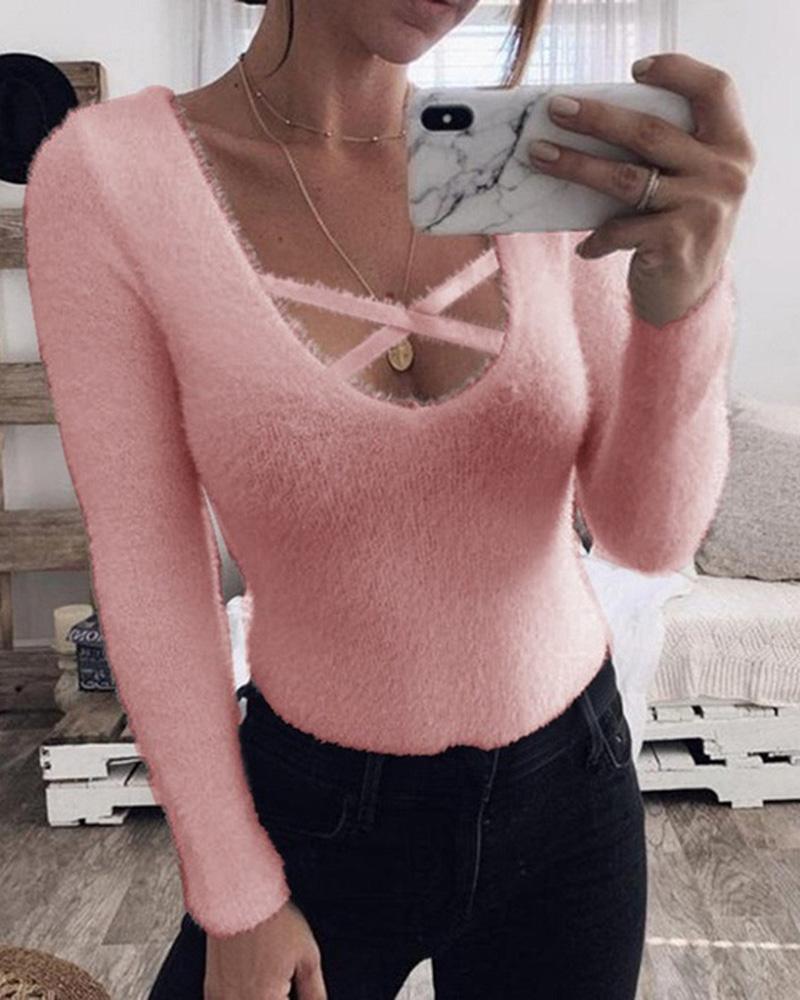 

Solid Cutout Fluffy Long Sleeve Sweater, Pink