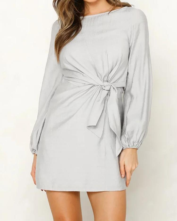 

Knot Waist Lantern Sleeve Casual Dress, Silver