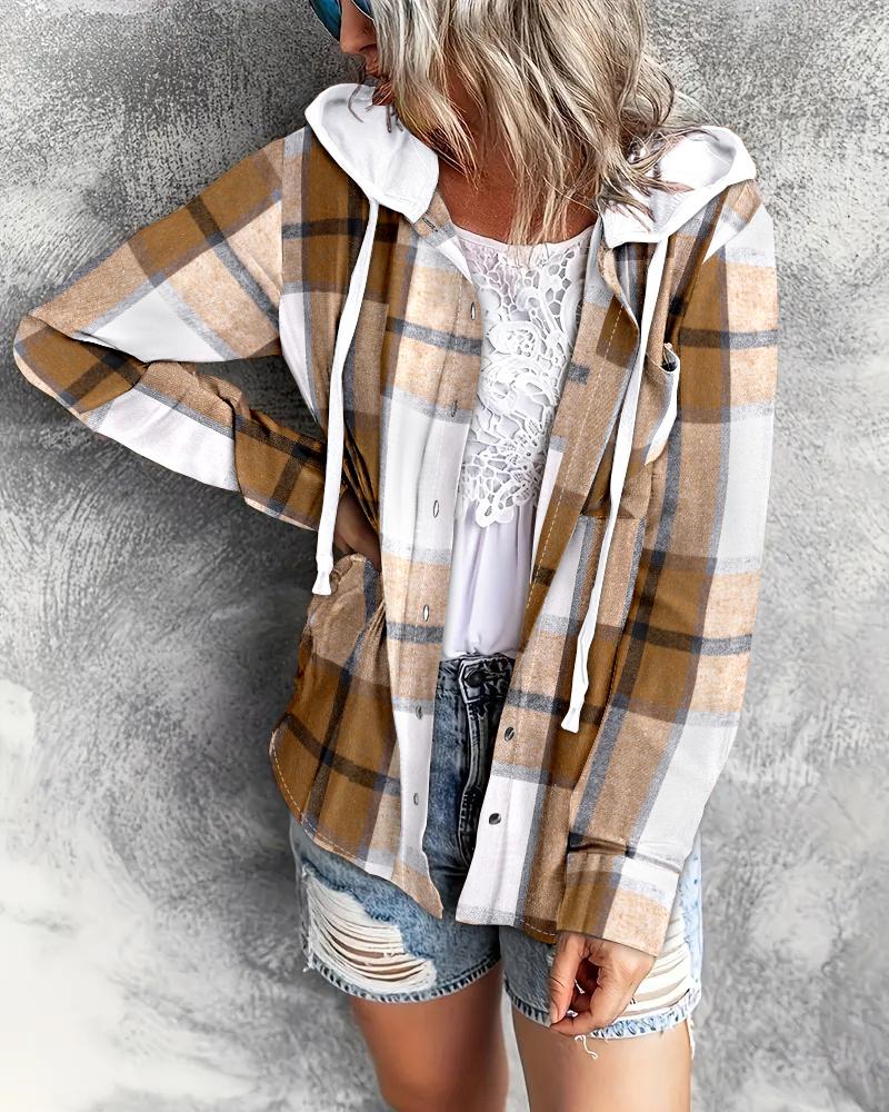 

Plaid Print Buttoned Hooded Top, Brown