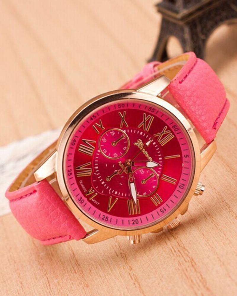 

1pc Leather Band Quartz Watch, Hot pink