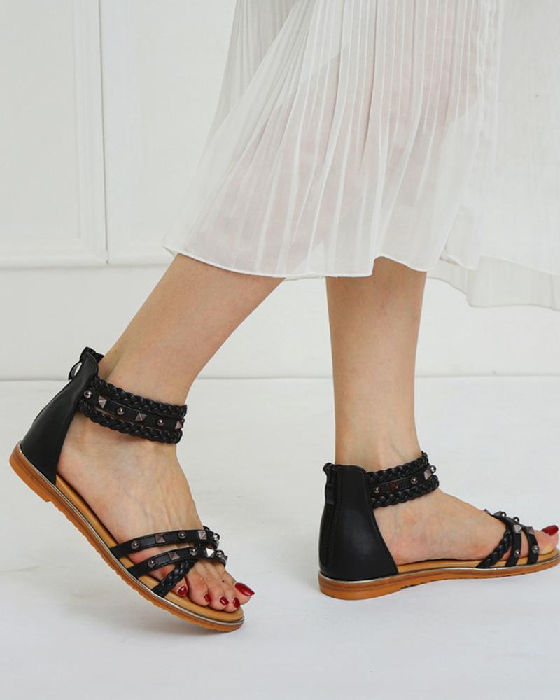 

Rome Style Round-toe Solid Color Splicing Studded Weave Flat Sandals, Black