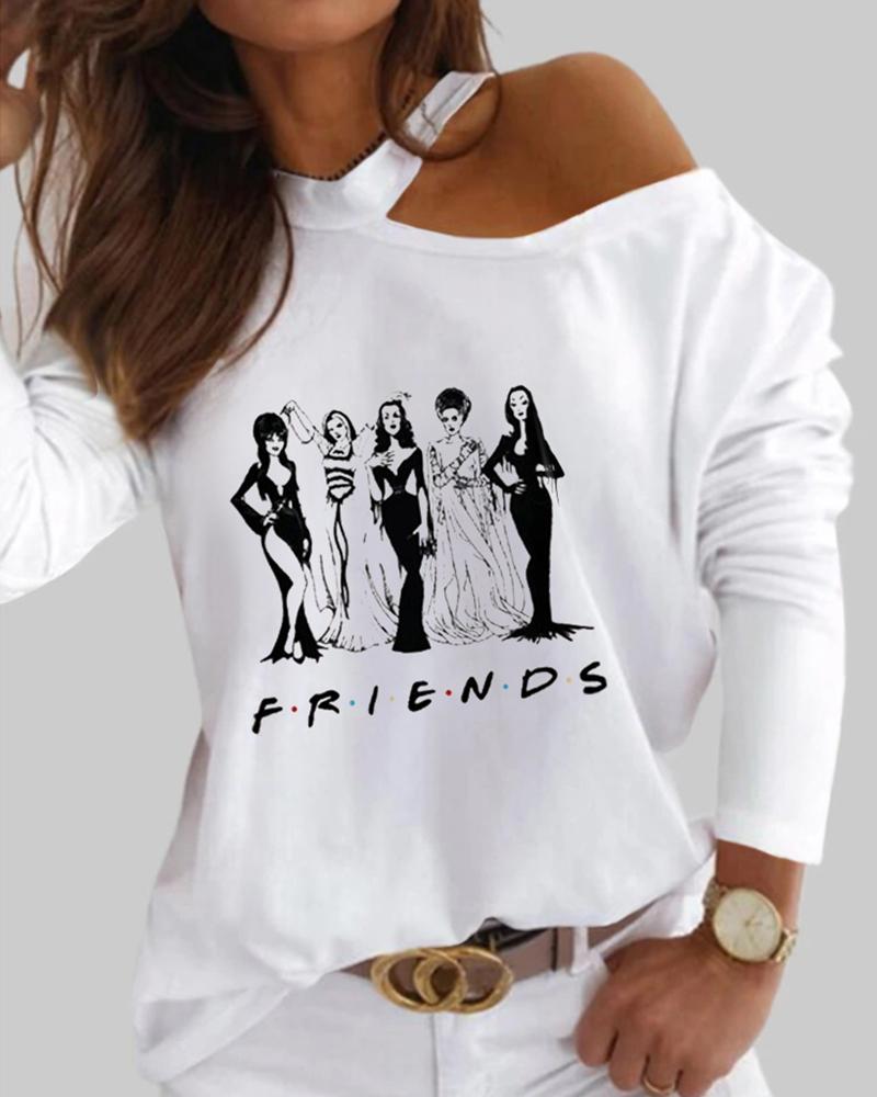 

Halloween Witch Pattern Letter Print Cutout Casual Top, White