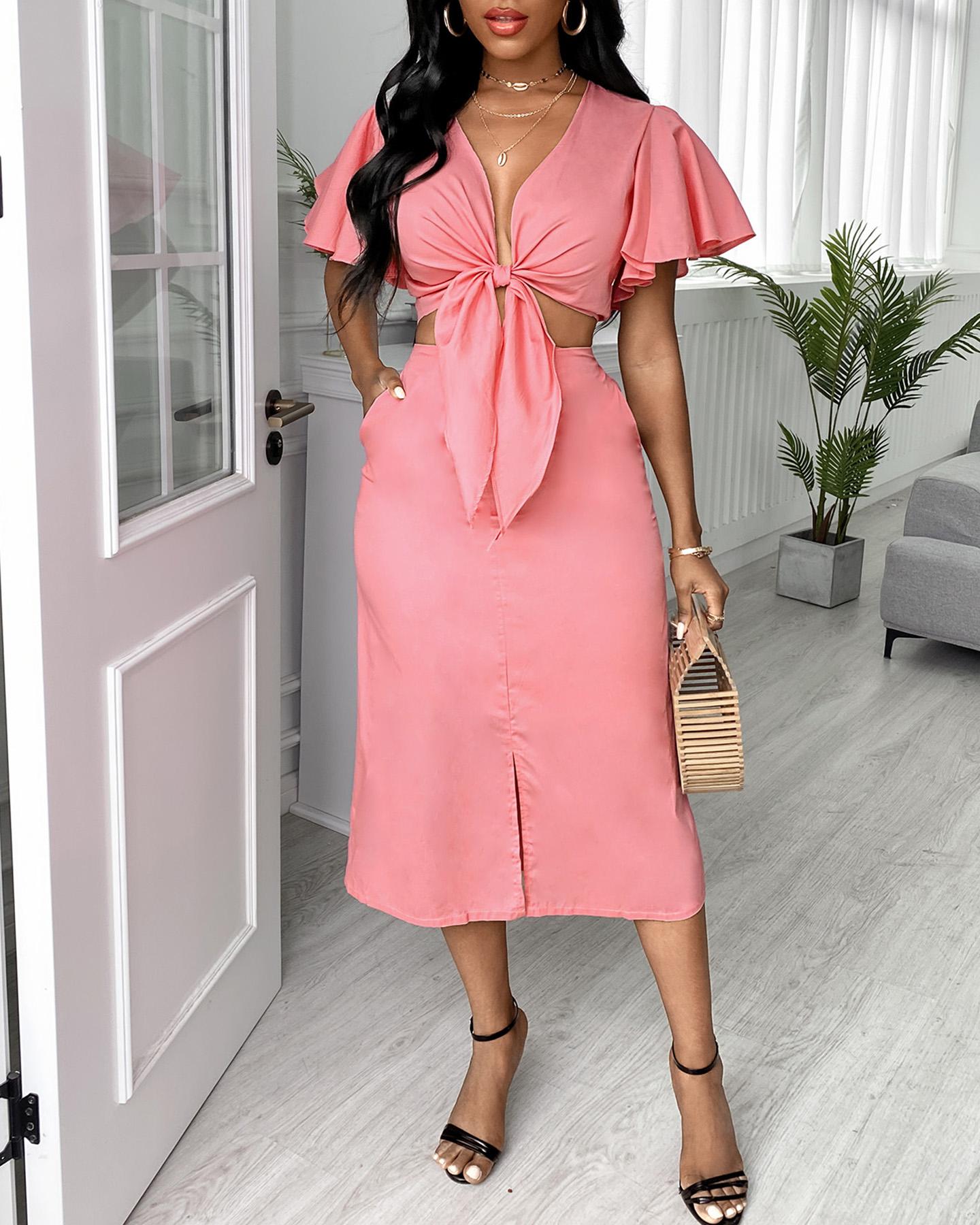 

Ruffles Knotted Crop Top & Pocket Design Midi Skirt Set, Pink