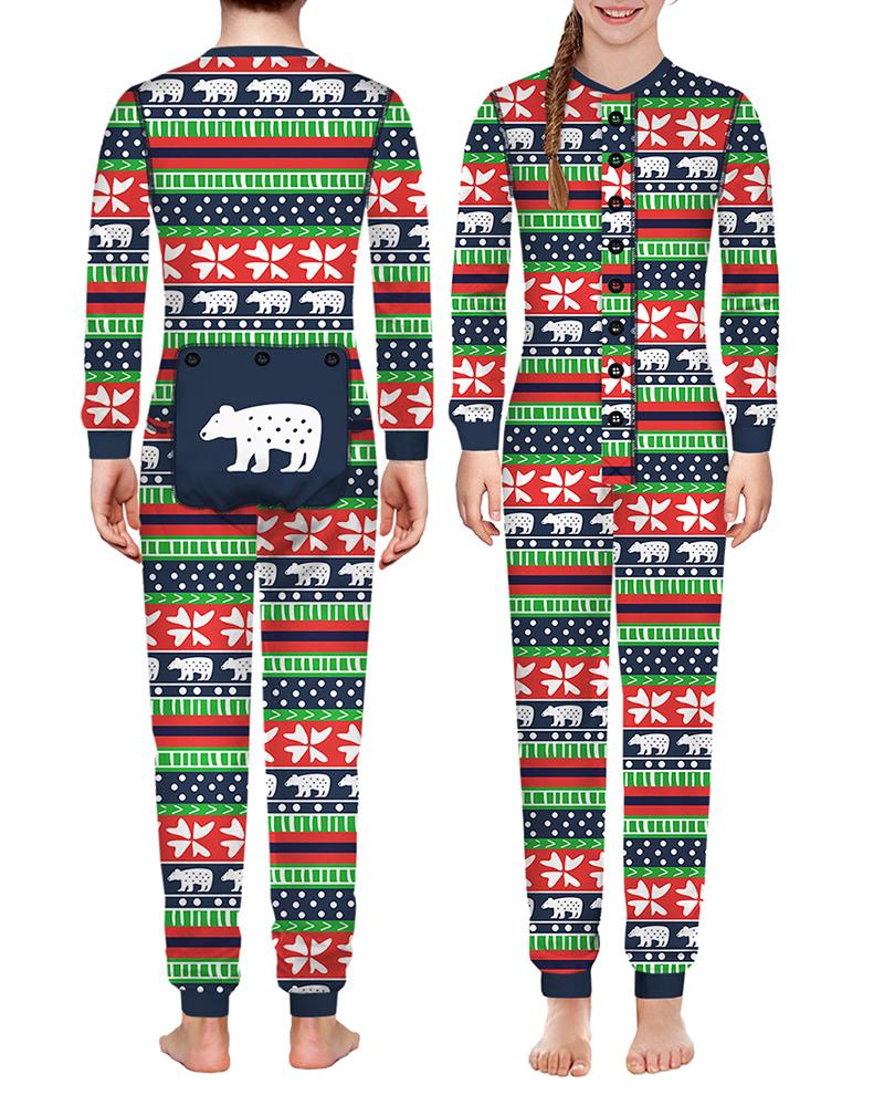 

Christmas Functional Buttoned Mixed Print Family Pajamas For Kids, Green
