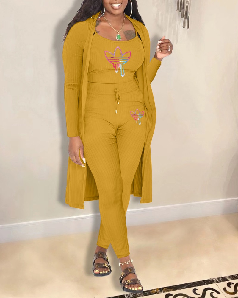 

3PCS Graphic Print Ribbed Cami Top & Pants Set With Coat, Yellow