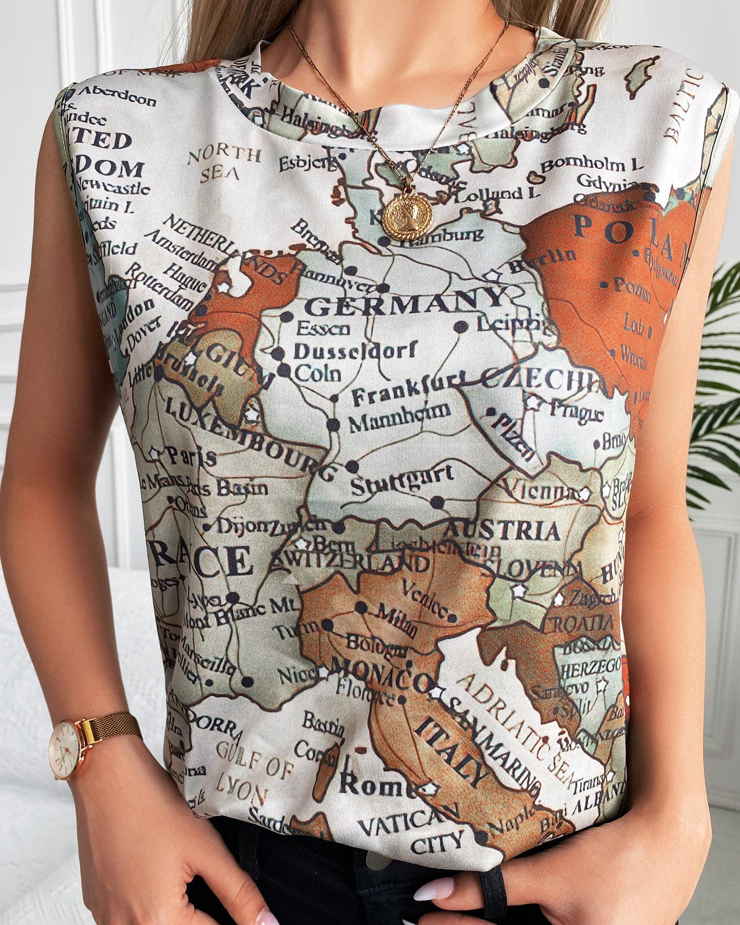 

Sleeveless Map Print Casual Tank Top, Gray