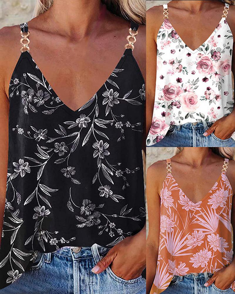 

Floral Print Chain Strap Casual Top, Black