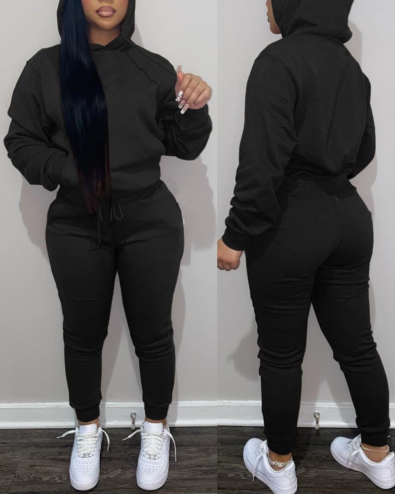 

Long Sleeve Casual Hoodie & Drawstring Pants Set, Black