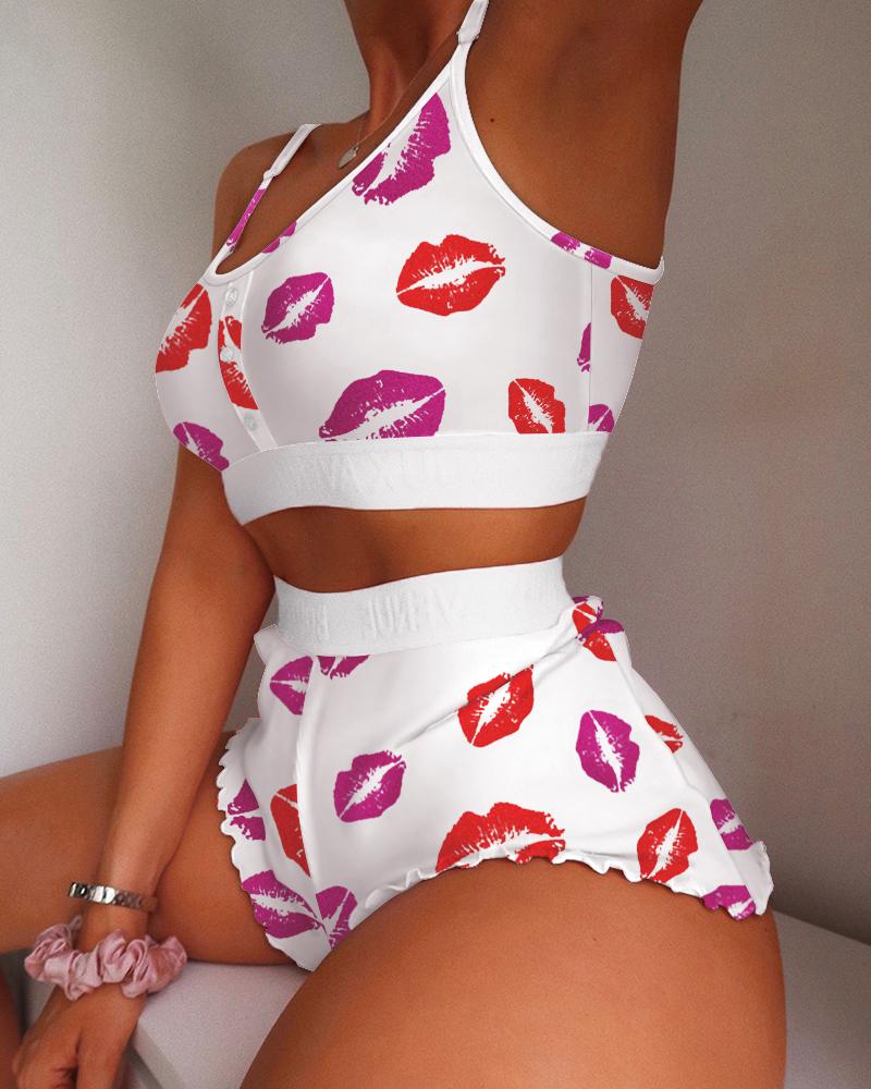 

Lips Print Colorblock Frill Hem Cami Set, White