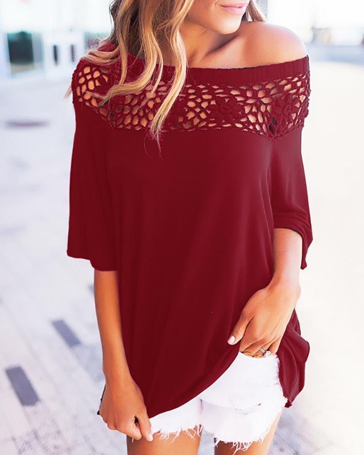 

Trendy Solid Hollow Out Patchwork Casual Blouse - Wine Red