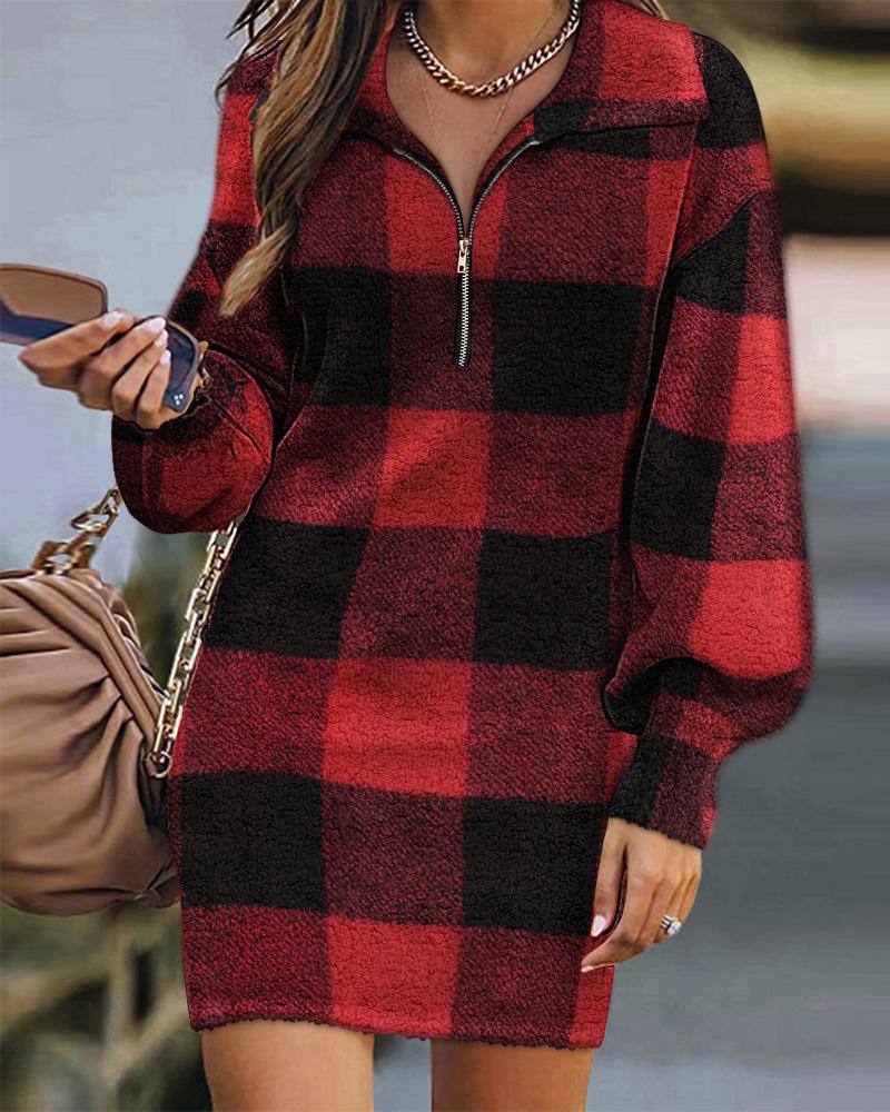 

Plaid Print Zip Front Lantern Sleeve Casual Dress, Red