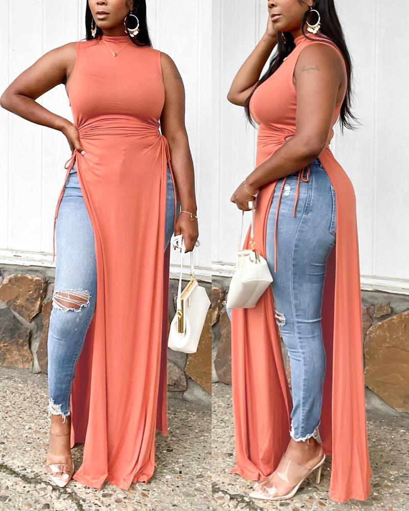 

Cutout Drawstring High Slit Casual Tank Dress, Orange