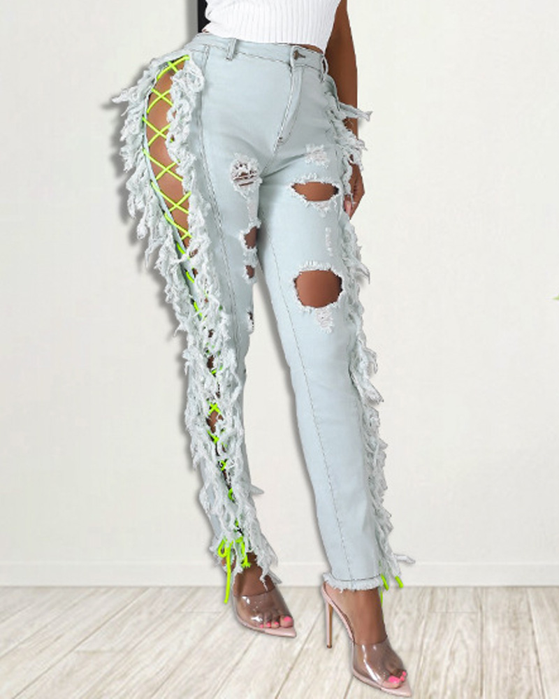 

Grommet Eyelet Lace-Up Ripped Fringe Hem Skinny Jeans, Lighted blue