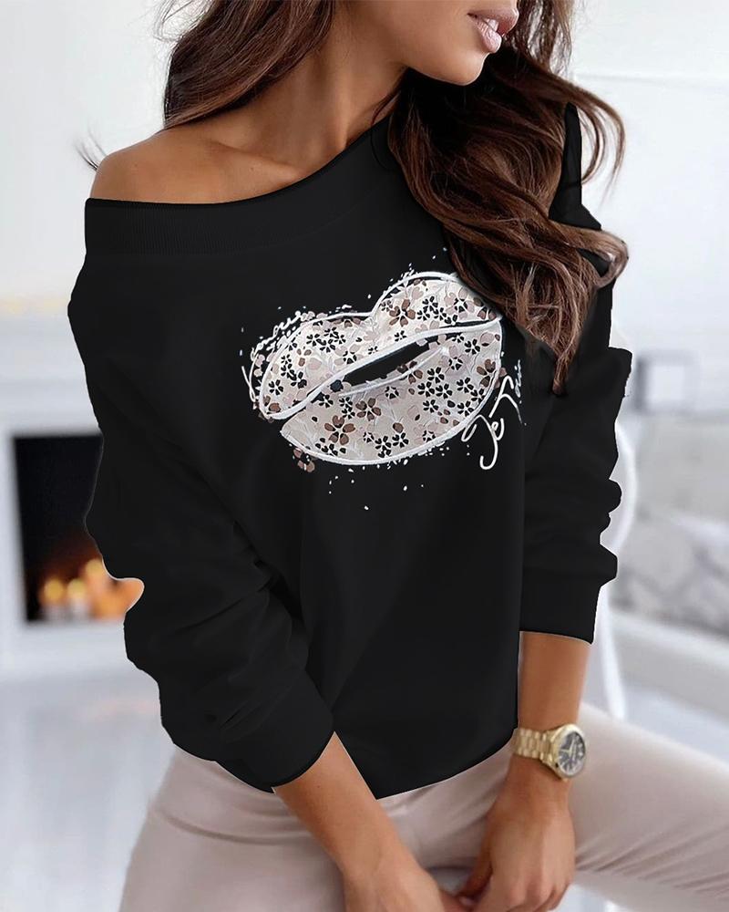 

Lip Print Long Sleeve Top, Black