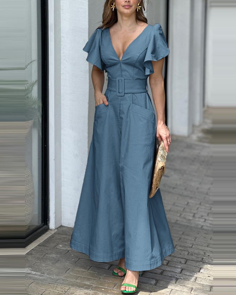 

Bell Sleeve Slit Front Pocket Design Maxi Dress, Blue