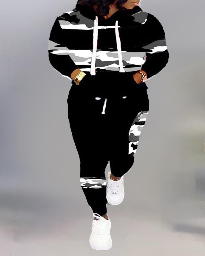 

Plus Size Camouflage Print Long Sleeve Hoodie & Pants Set, Gray