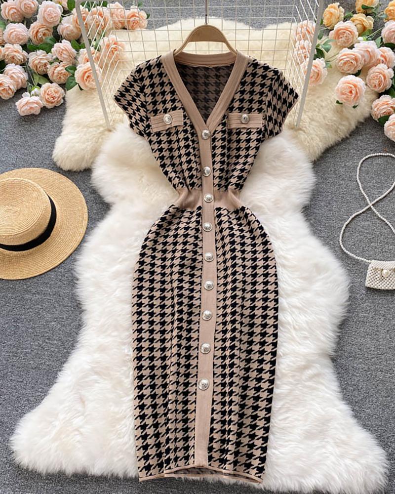 

Houndstooth Pattern Tight Waist Knit Bodycon Dress, Khaki