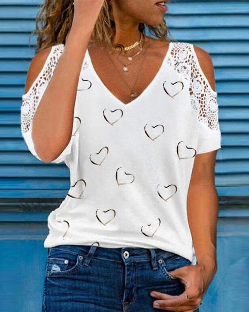 

Cold Shoulder Heart Print T-shirt, White