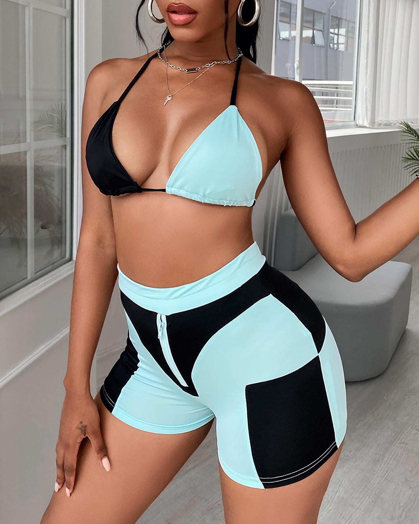 

Color Block Halter Sleeveless Bra With Short Pants Suit Sets, Blue