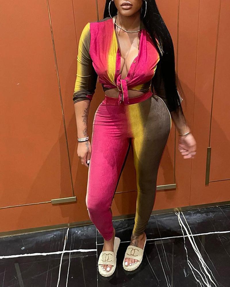 

Ombre Button Up Knot Front Top & Skinny Pants Set, Hot pink