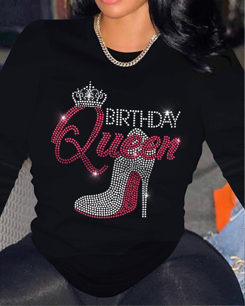 

Plus Size Birthday Queen Rhinestone Long Sleeve Casual Top, Black