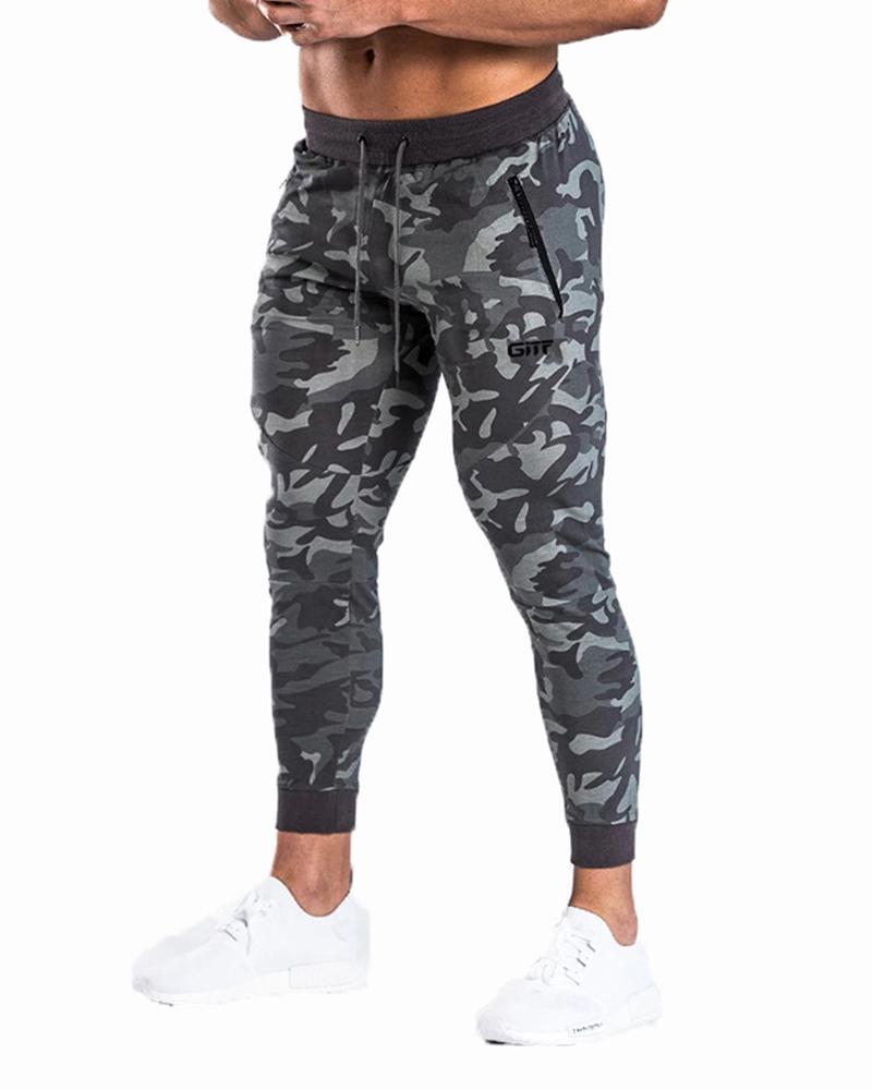 

Camouflage Print Skinny Harem Pants, Gray