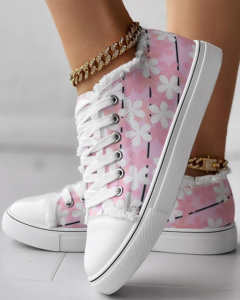 

Floral Print Lace-up Raw Hem Casual Sneakers, Pink